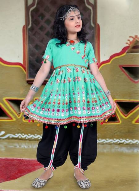Sea Green Colour Thangat children navaratree special exclusive feative wear Mirror Work dhoti kedia collection thangat 02